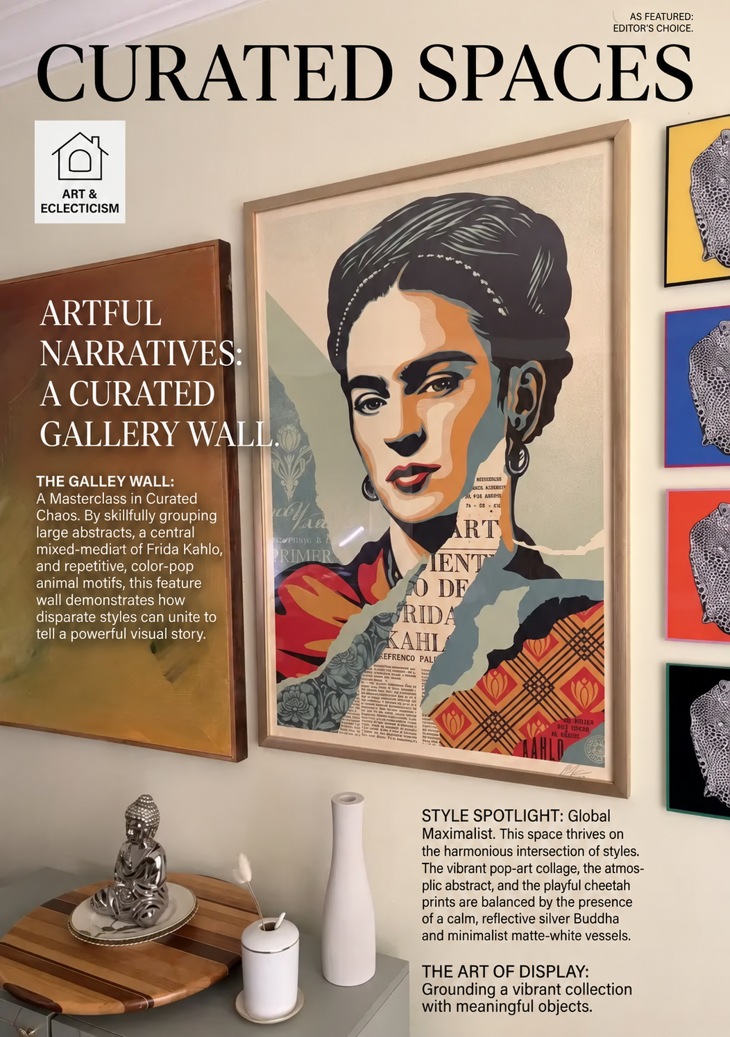 Eclectic gallery wall centered on a colorful Frida Kahlo portrait